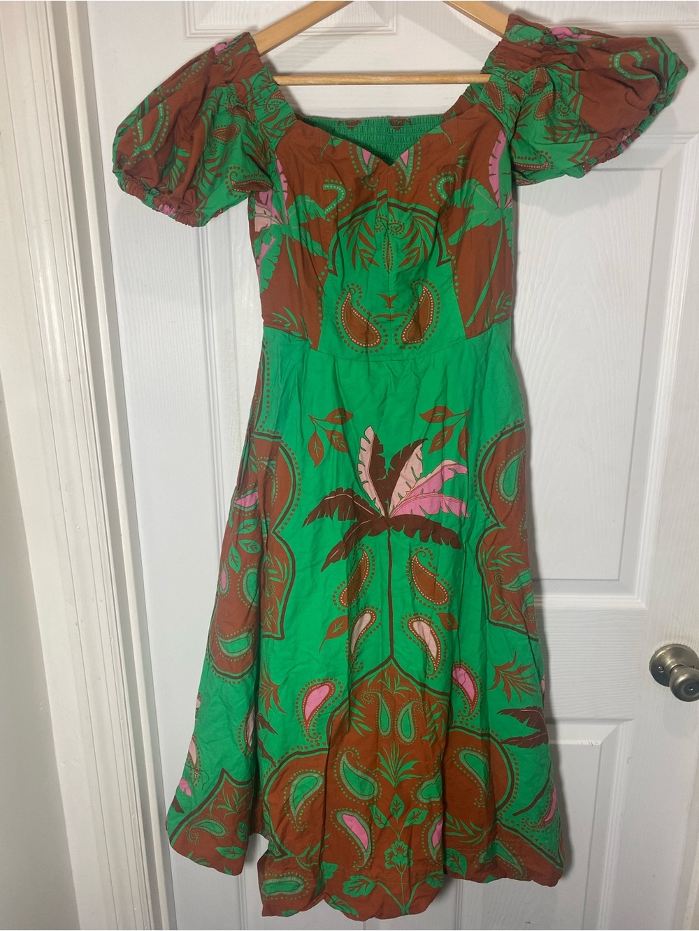 Maeve Anthropologie Green, Rust Brown & Pink Printed Puff-Sleeve Midi Dress